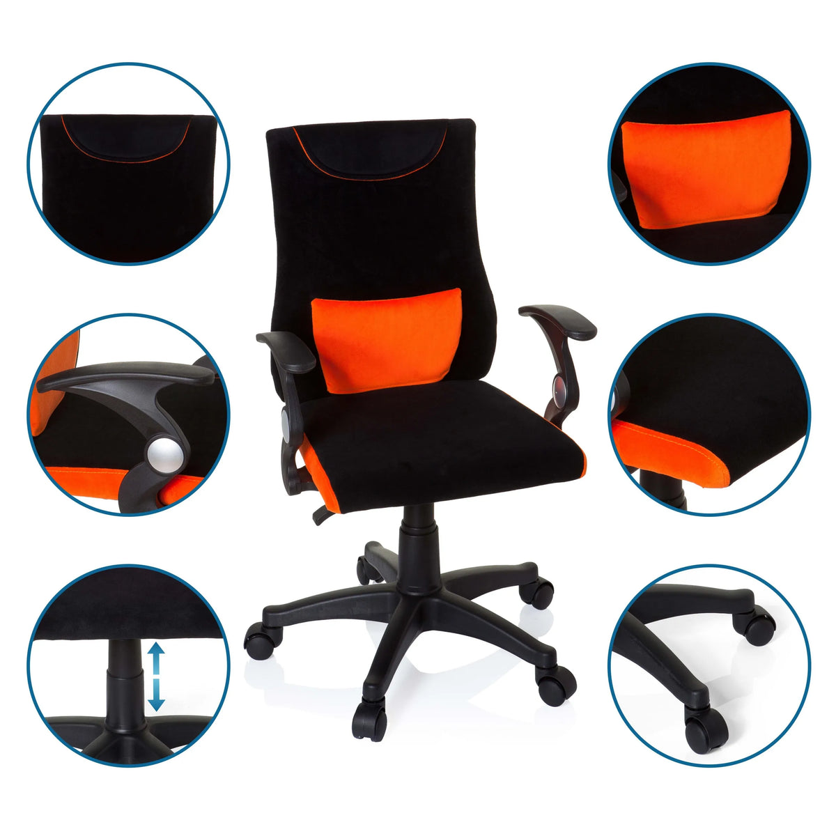 Snurrstol för barn KIDDY PRO AL i svart-orange med detaljvyer av armstöd och stjärnfot från hjh OFFICE