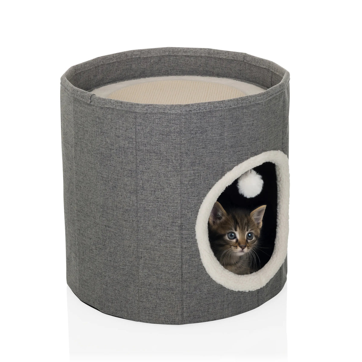 Grå Kattgrotta PAWY R med vit pälskant vid öppningen och en liten lekboll från hjh LIVING