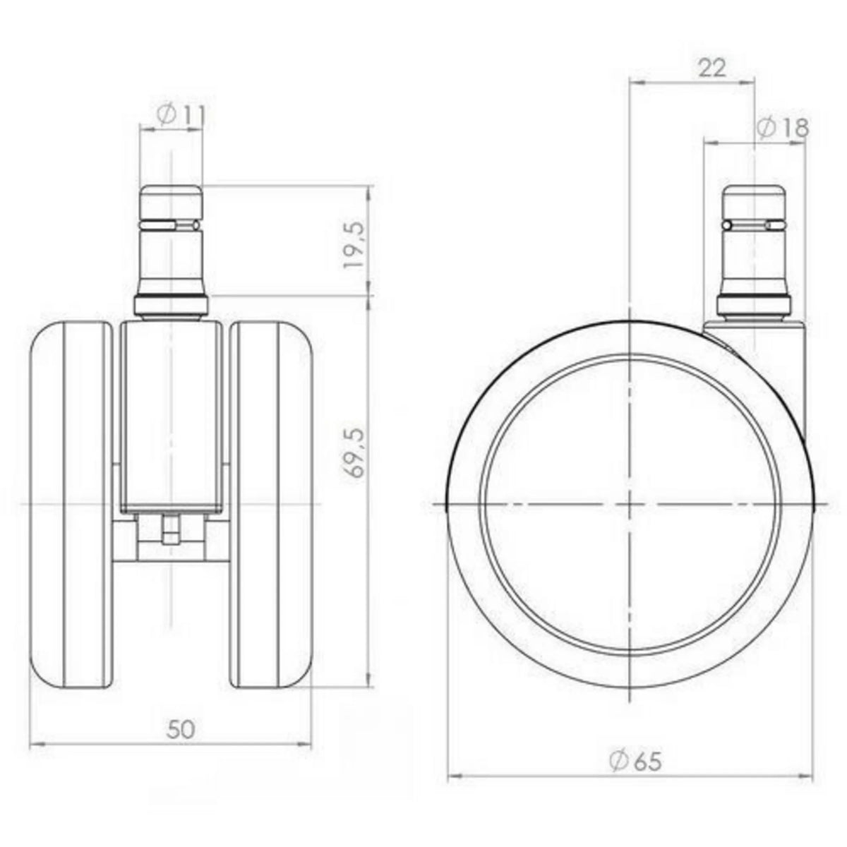 Teknisk ritning av 5x ROLO LUX 11mm/65mm stol på hjul med en diameter på 65 mm från hjh OFFICE