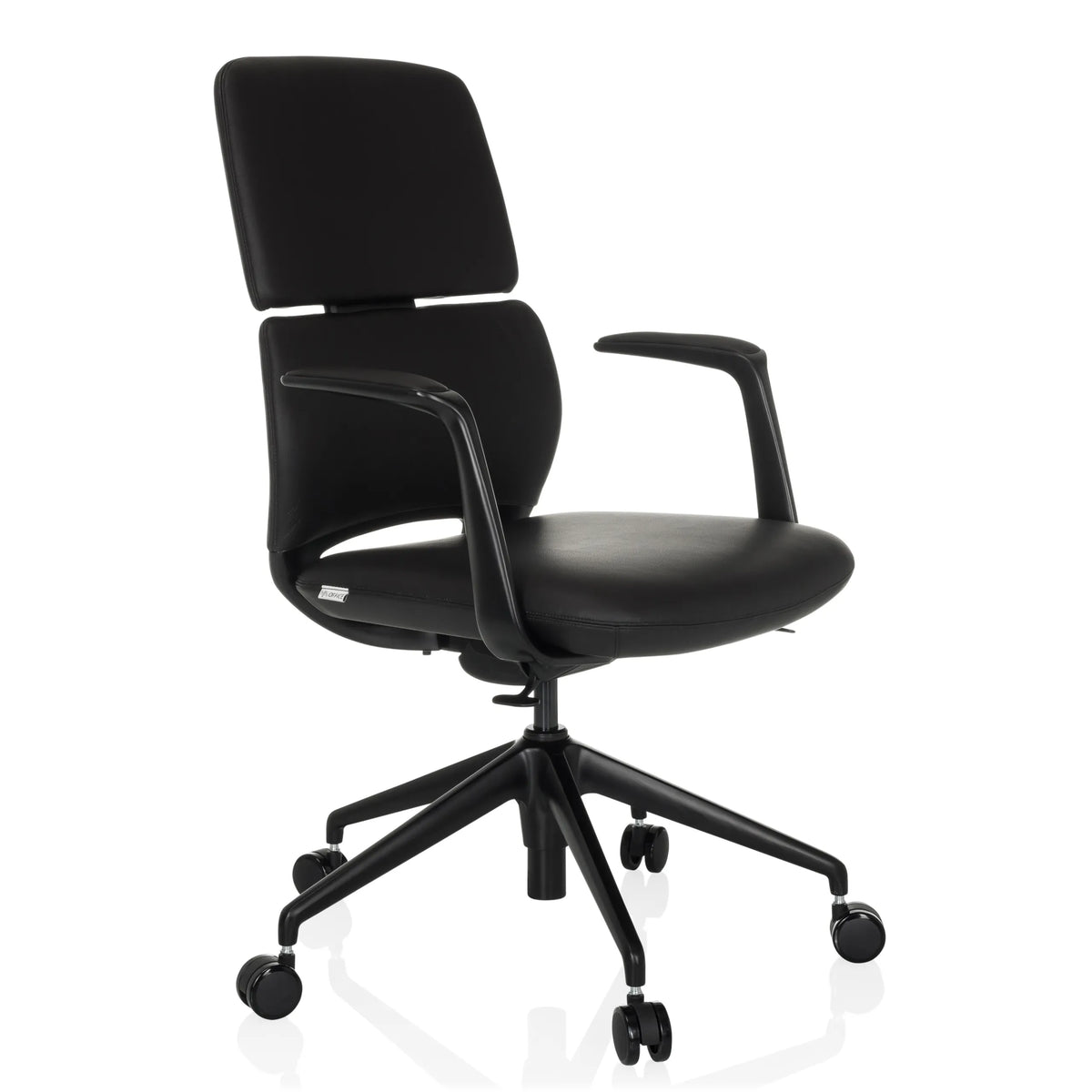 Svart Professionell kontorsstol ATMOS DESIGNER med armstöd och femhjulig fotkorsbas från hjh OFFICE – 360-gradersvy (snett framifrån 45°)