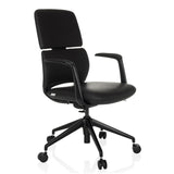 Svart Professionell kontorsstol ATMOS DESIGNER med armstöd och femhjulig fotkorsbas från hjh OFFICE – 360-gradersvy (snett framifrån 45°)