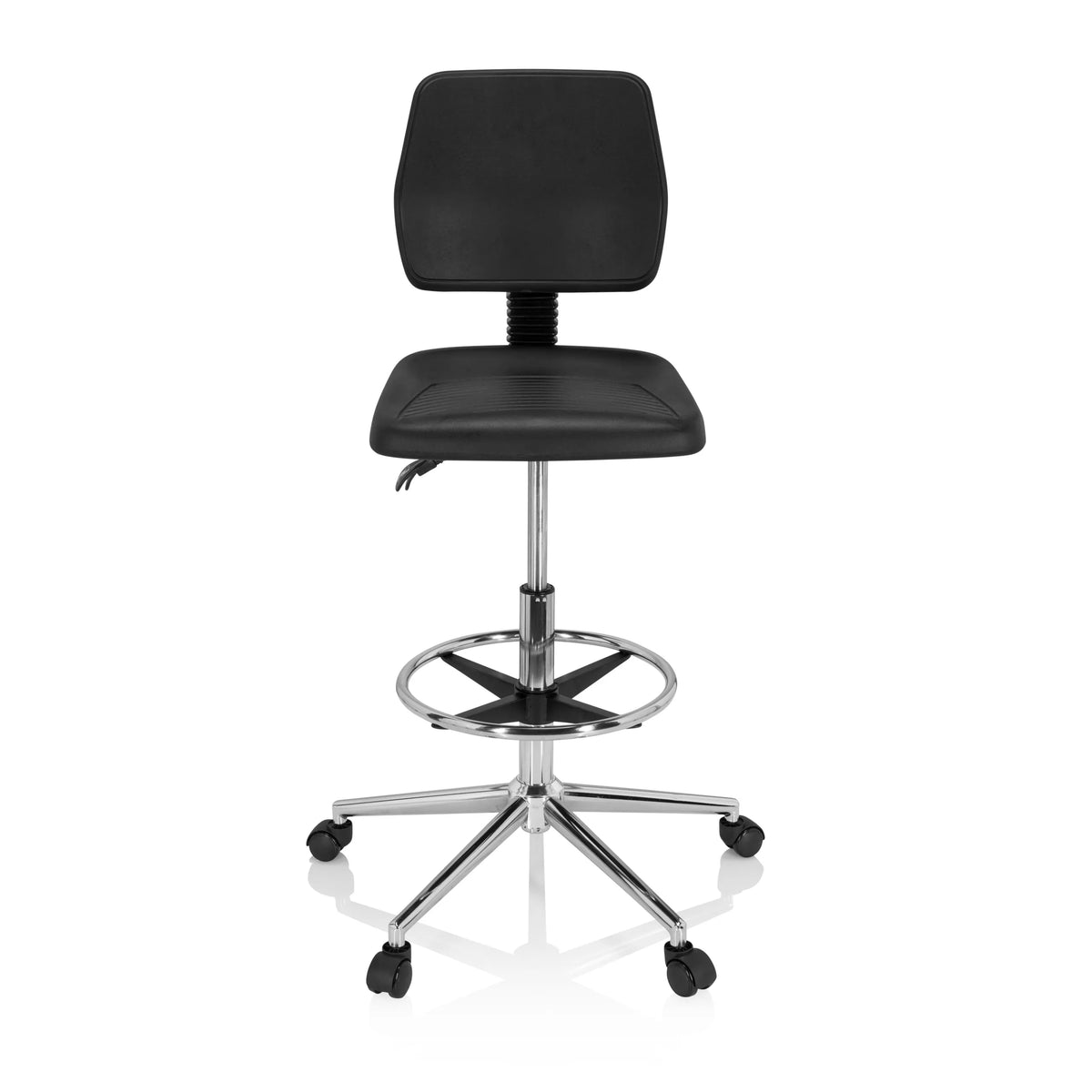 Svart Bardiskstol TOP WORK 11 I med fotring och femhjulig fotkorsbas från hjh OFFICE – 360-gradersvy (framifrån 0°)