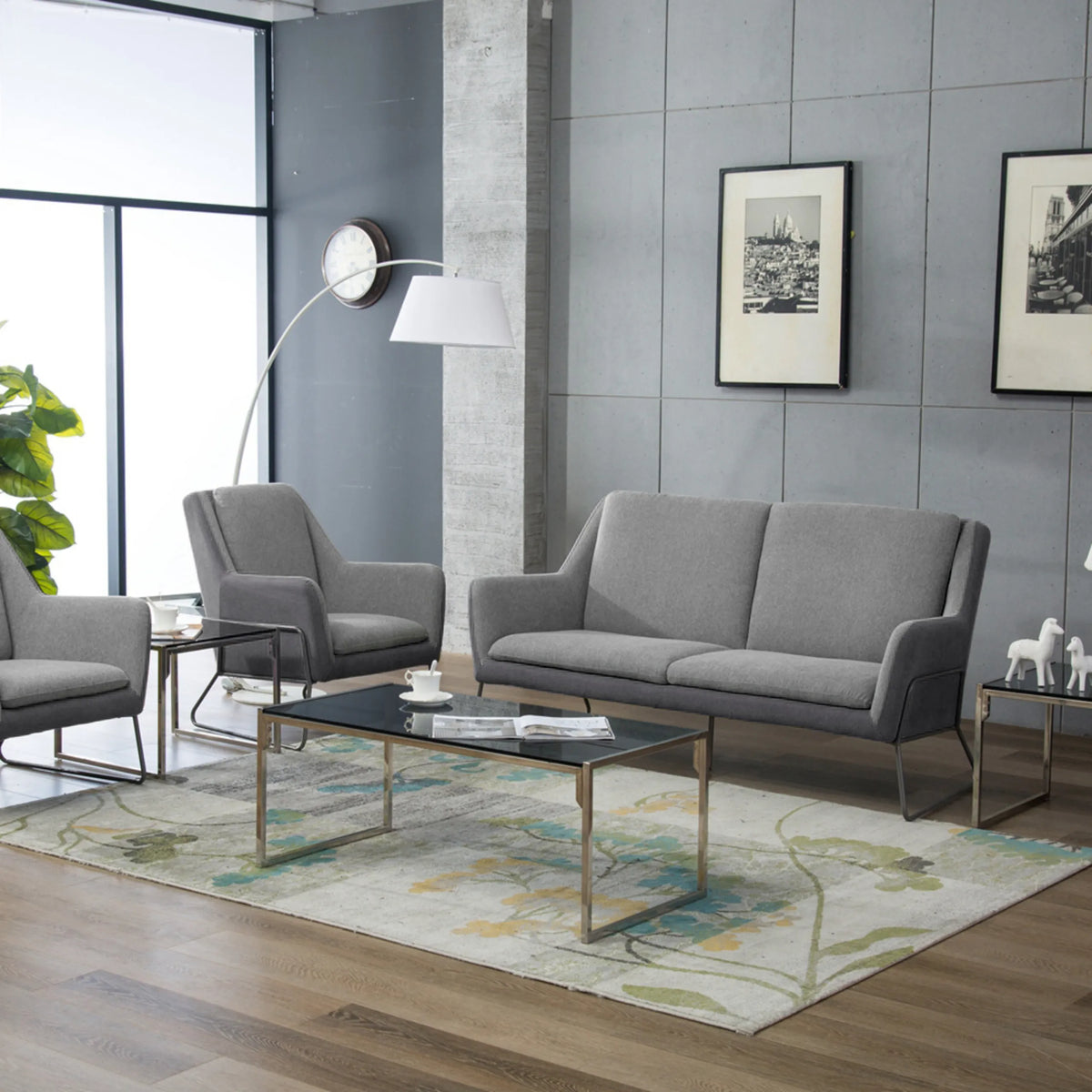 Ljusgrå Loungesoffa LAGUN som en tresitssoffa med smala metallben från hjh OFFICE