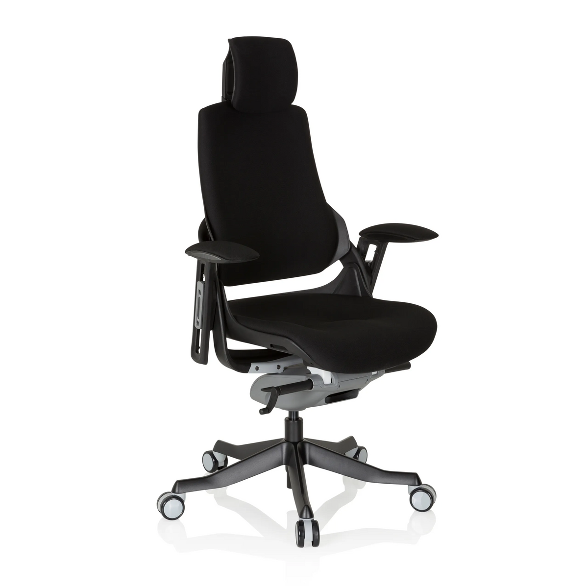 Svart Professionell kontorsstol SPEKTRE BLACK med nackstöd, armstöd och femhjulig fotkorsbas från hjh OFFICE – 360-gradersvy (snett framifrån 40°)