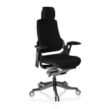 Svart Professionell kontorsstol SPEKTRE BLACK med nackstöd, armstöd och femhjulig fotkorsbas från hjh OFFICE – 360-gradersvy (snett framifrån 40°)