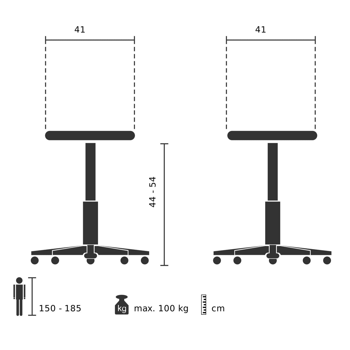 Teknisk ritning av ståstolen SITNESS 20 med en sitsbredd på 41 cm från Topstar