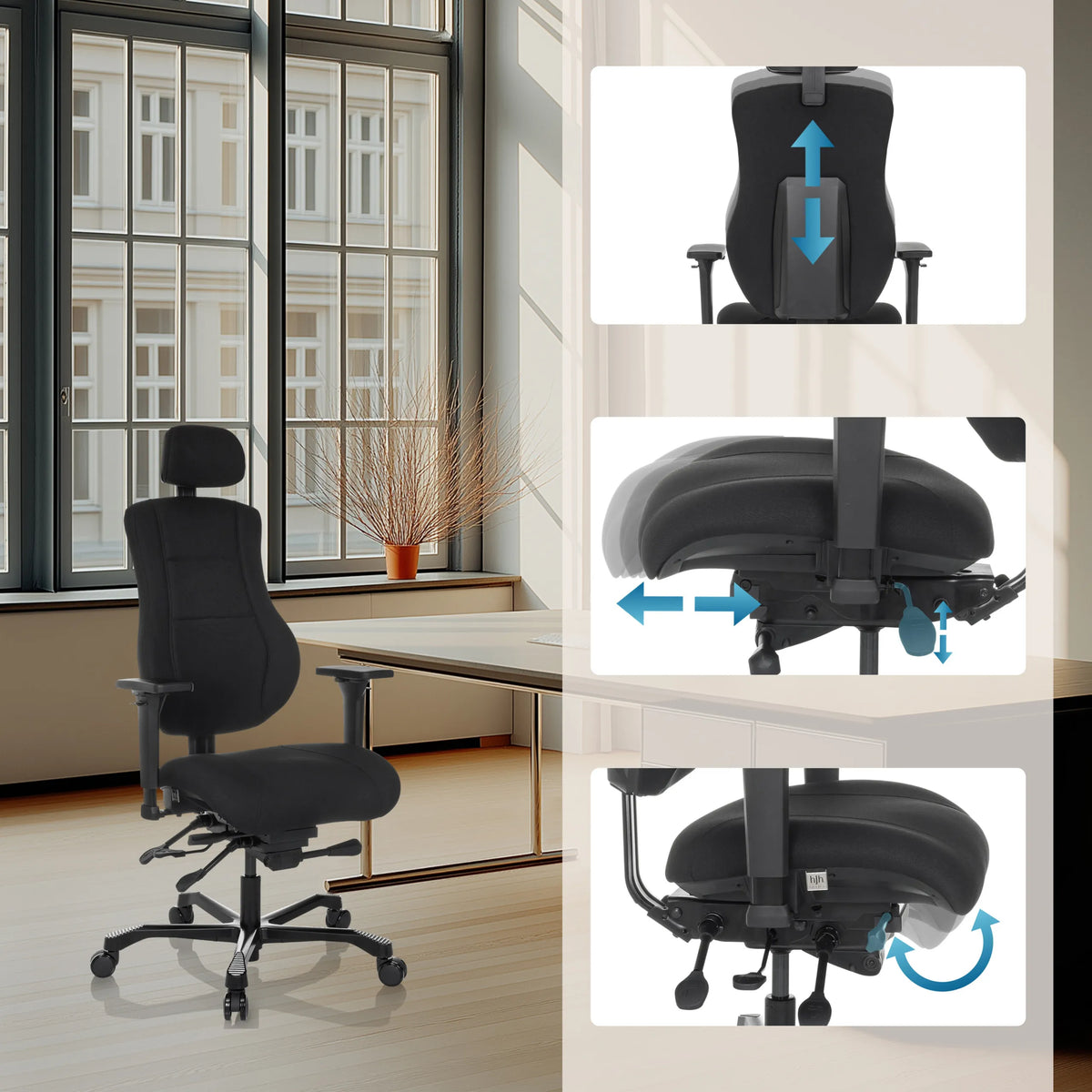 Justerbart nackstöd och sits på XXL snurrstol 24 HOURS BASIC i svart från hjh OFFICE