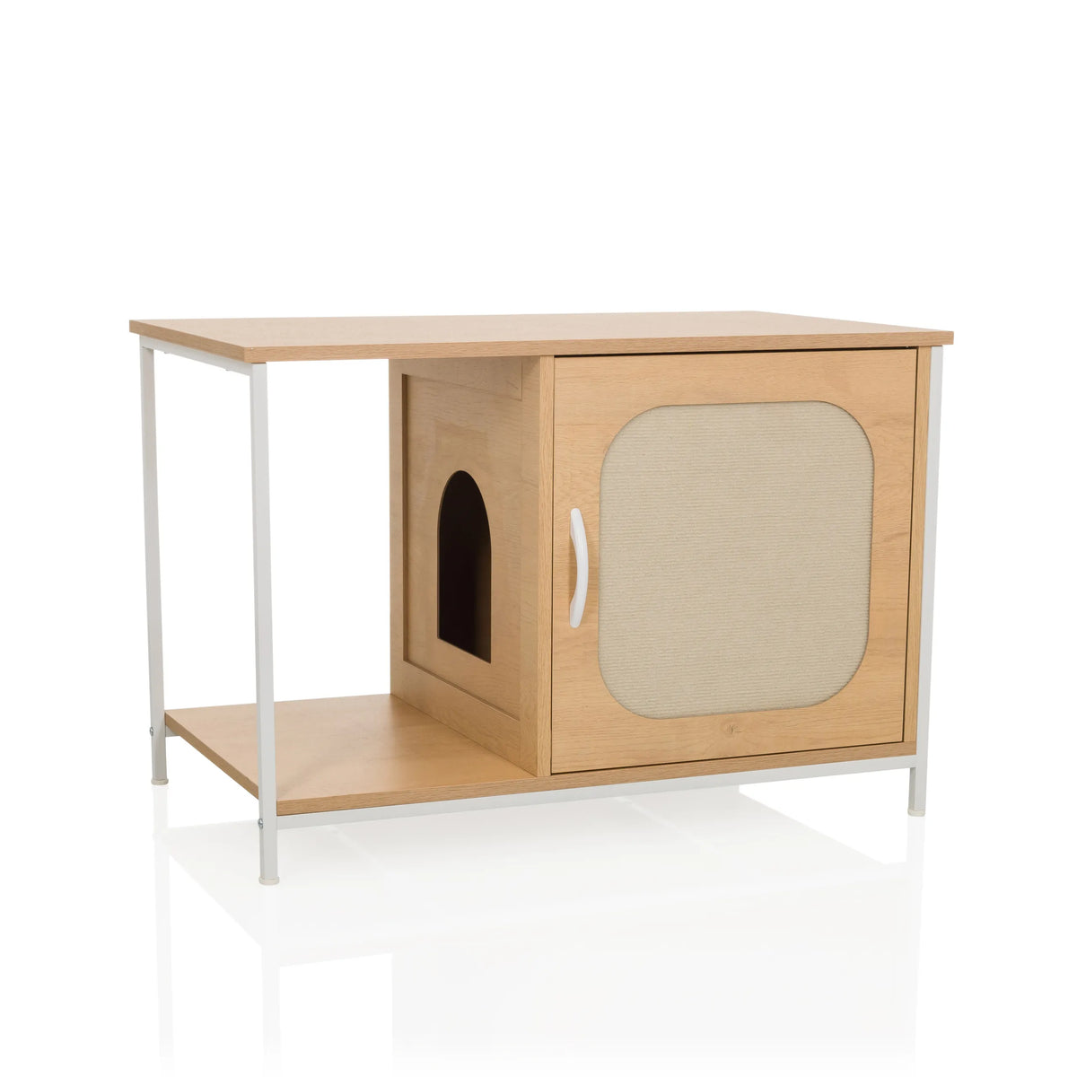 Vitt Katthus KITTYHOME 1 med en öppen hylla och ett skåp med tygdörr från hjh LIVING – 360-gradersvy (framifrån 15°)