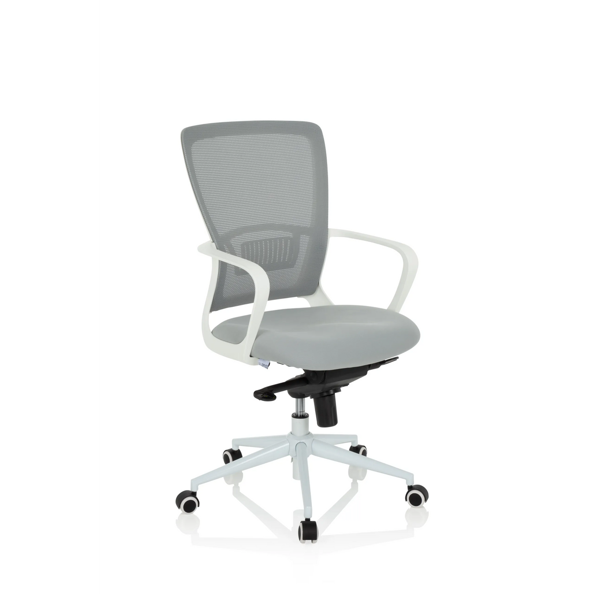 Grå Home Office kontorsstol ESTRIA med nätrygg och femhjulig stjärnfot från hjh OFFICE – 360-gradersvy (snett framifrån 40°)