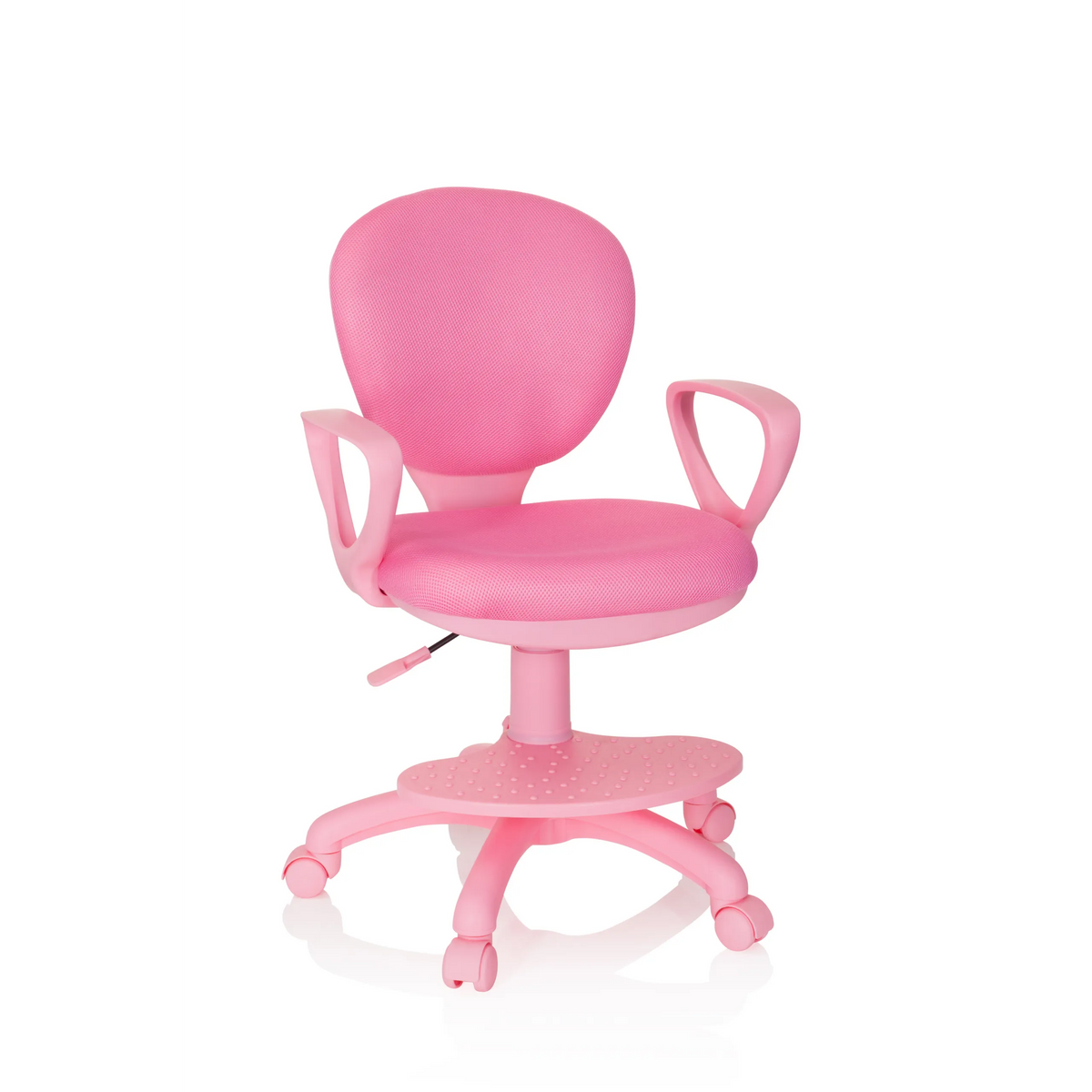 Rosa Snurrstol för barn KID COLOUR med armstöd och femhjulig fotkorsbas från hjh OFFICE – 360-gradersvy (framifrån 20°)