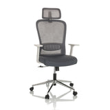 Grå Home Office kontorsstol BELAIA W med nätrygg, nackstöd och femhjulig fotkorsbas från hjh OFFICE – 360-gradersvy (framifrån 15°)