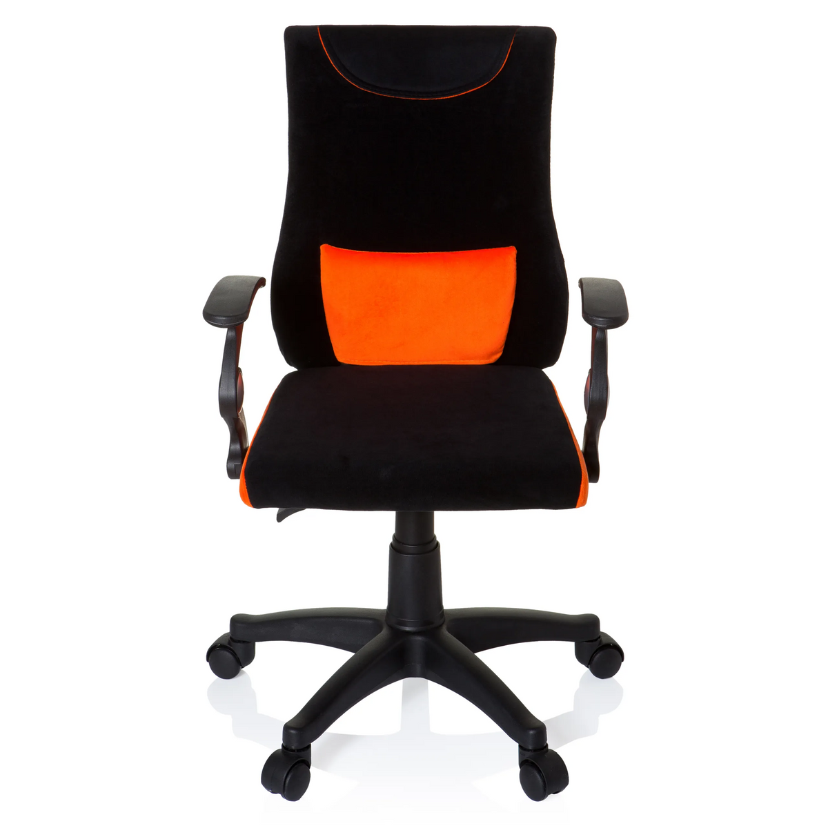 Svart-orange Snurrstol för barn KIDDY PRO AL med ländkudde och femhjulig fotkorsbas från hjh OFFICE – 360-gradersvy (framifrån 0°)