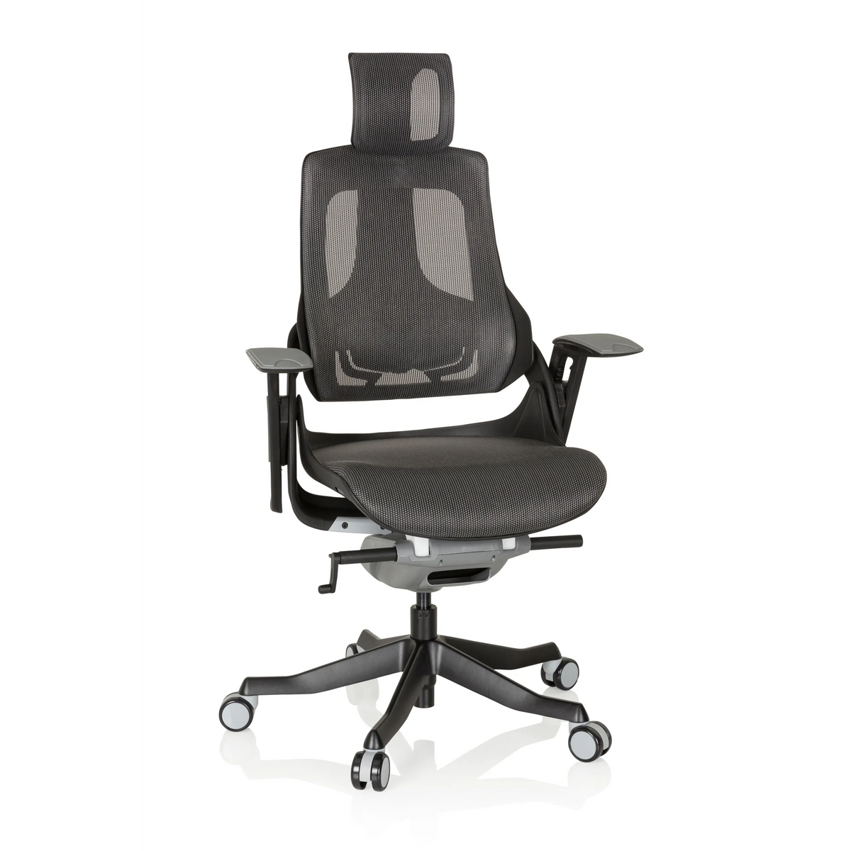 Gråsvart Professionell kontorsstol SPEKTRE BLACK med nätrygg och femhjulig fotkorsbas från hjh OFFICE – 360-gradersvy (framifrån 20°)
