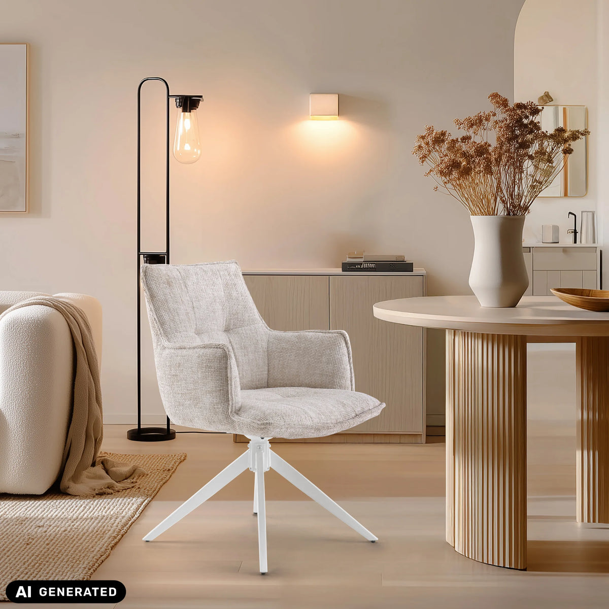 Beige Tavaro matstol med vit stjärnfot från hjh LIVING (AI-genererad bild)