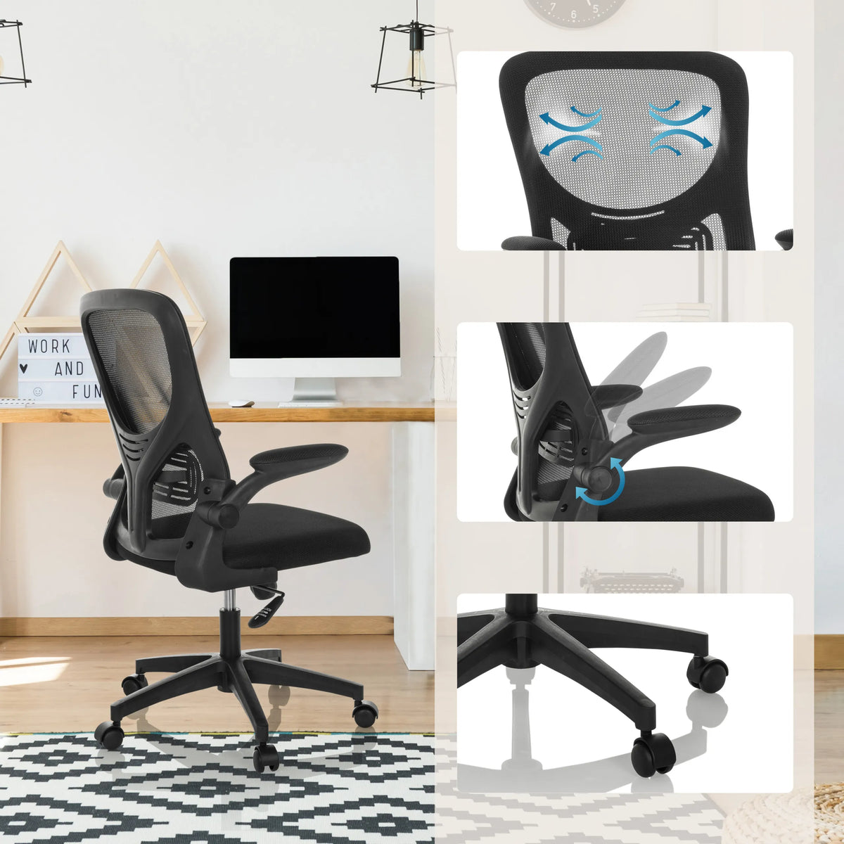 Home Office kontorsstol BELIO i svart med nätryggstöd, justeringsmekanism och stjärnfot med hjul från hjh OFFICE
