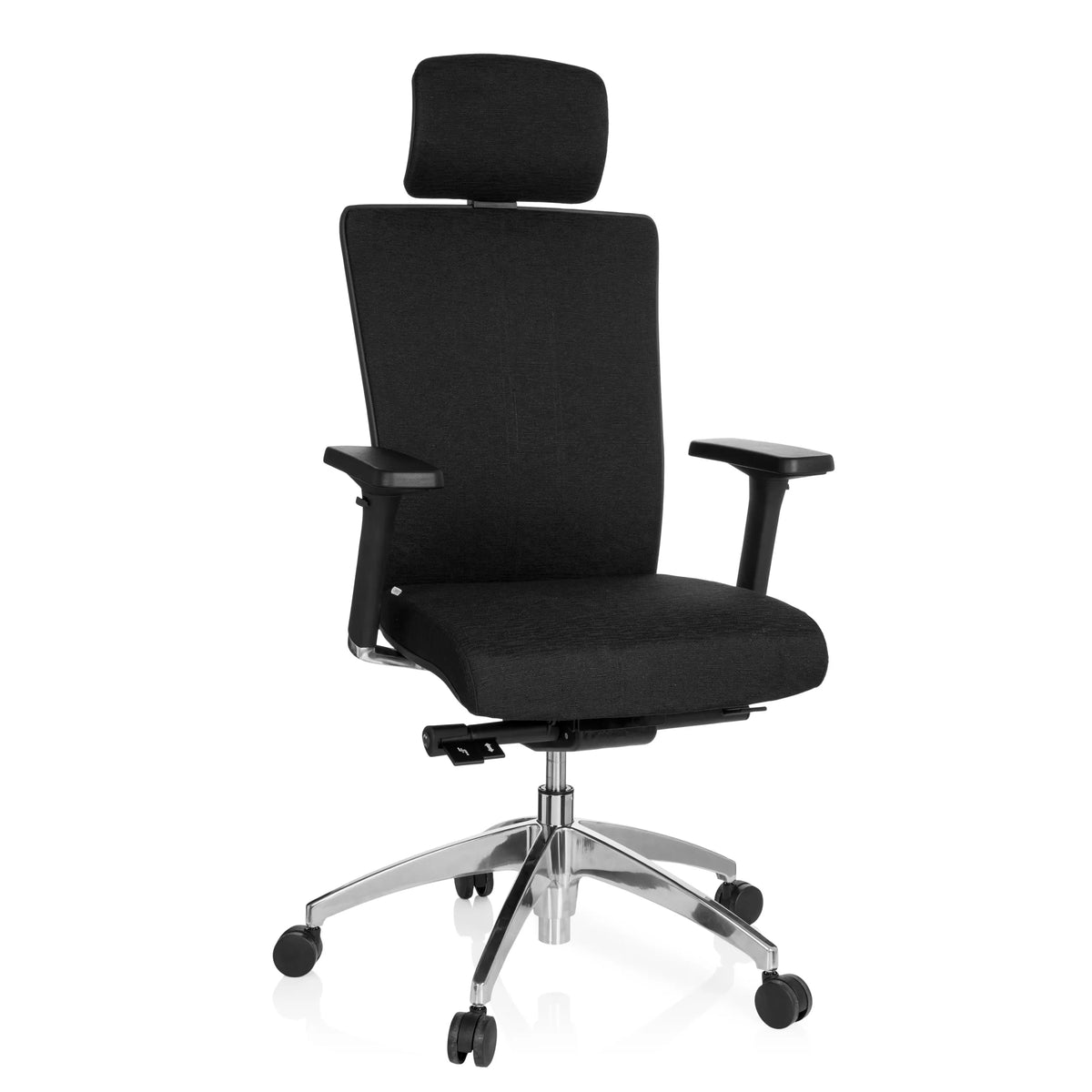 Svart Professionell kontorsstol ASTRA LUX med nackstöd, armstöd och femstjärnigt fotkors med hjul från hjh OFFICE – 360-gradersvy (framifrån 20°)