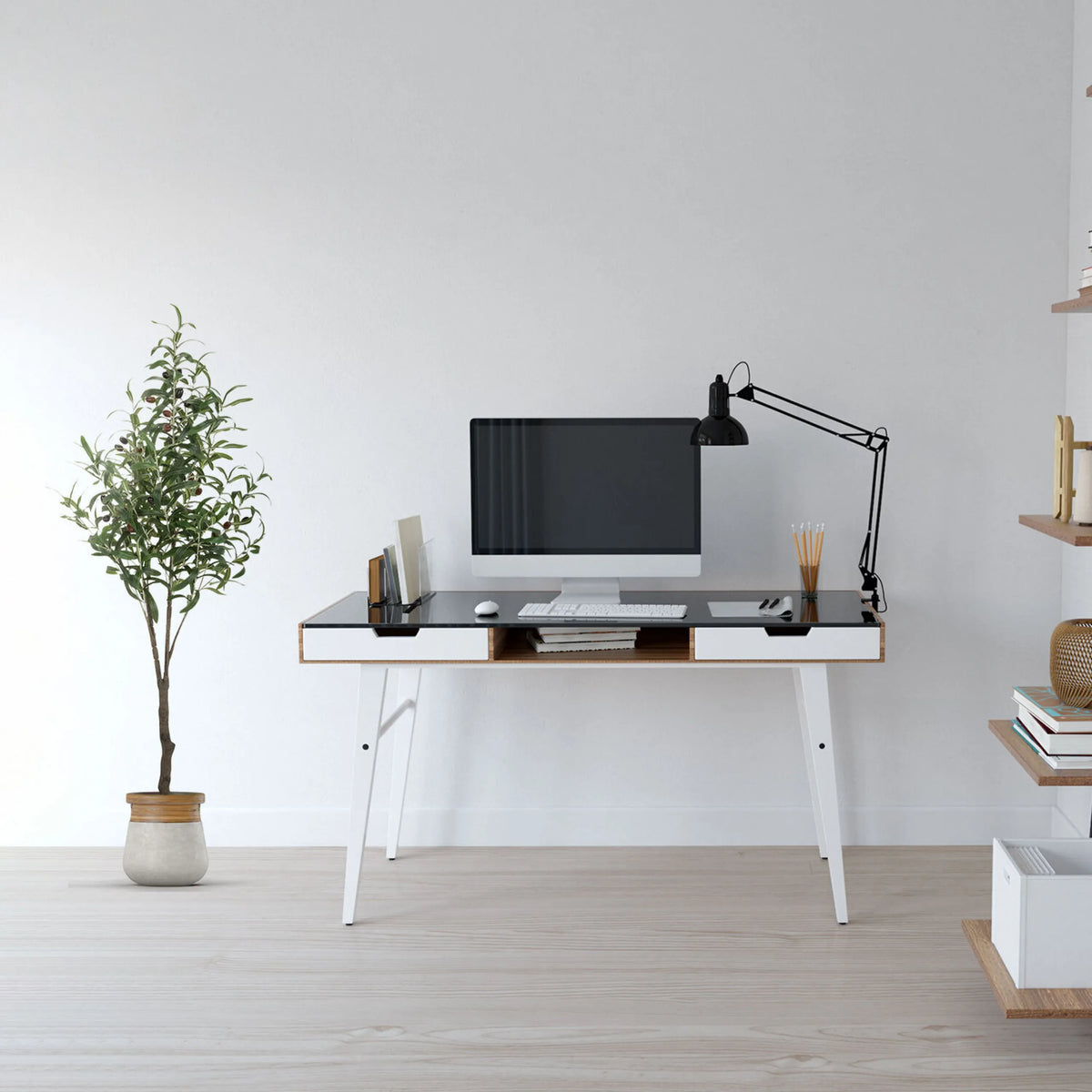 Konstgjorda växter OLIVE i grön färg med en vit kruka från hjh OFFICE