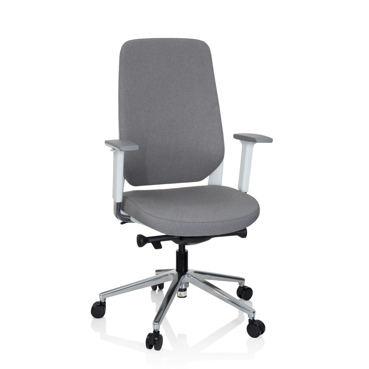 Grå Professionell kontorsstol CHIARO T4 WHITE med armstöd och en femstjärnig fotkorsbas med hjul från hjh OFFICE – 360-gradersvy (framifrån 20°)