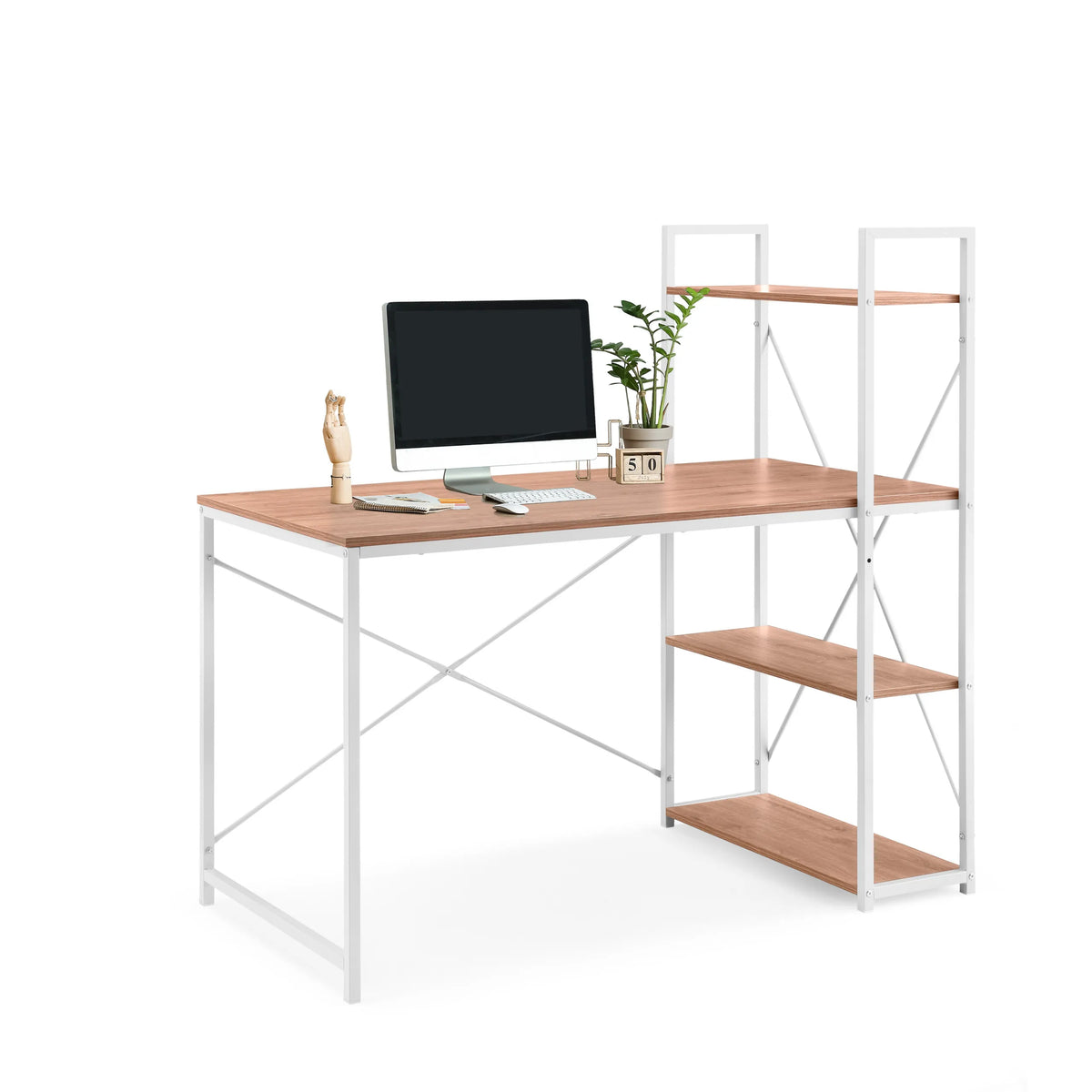 Skrivbord Easy Up3 i vitt och ek med integrerad hylla och tre avlastningsytor från hjh LIVING