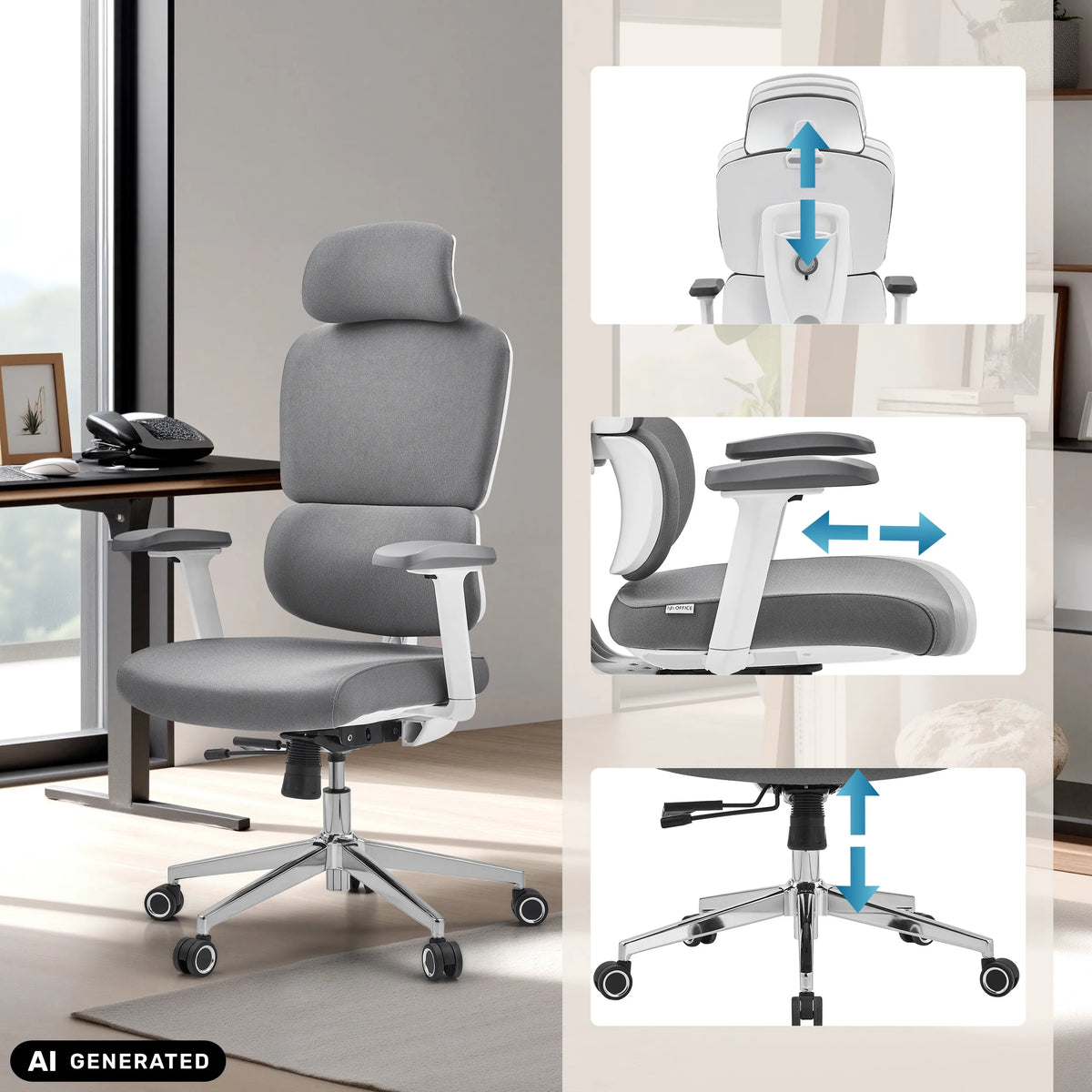 Höjdjusterbart nackstöd, armstöd och gasfjäder på den professionella kontorsstolen Ergomy WF 2 från hjh OFFICE (AI-genererad bild)