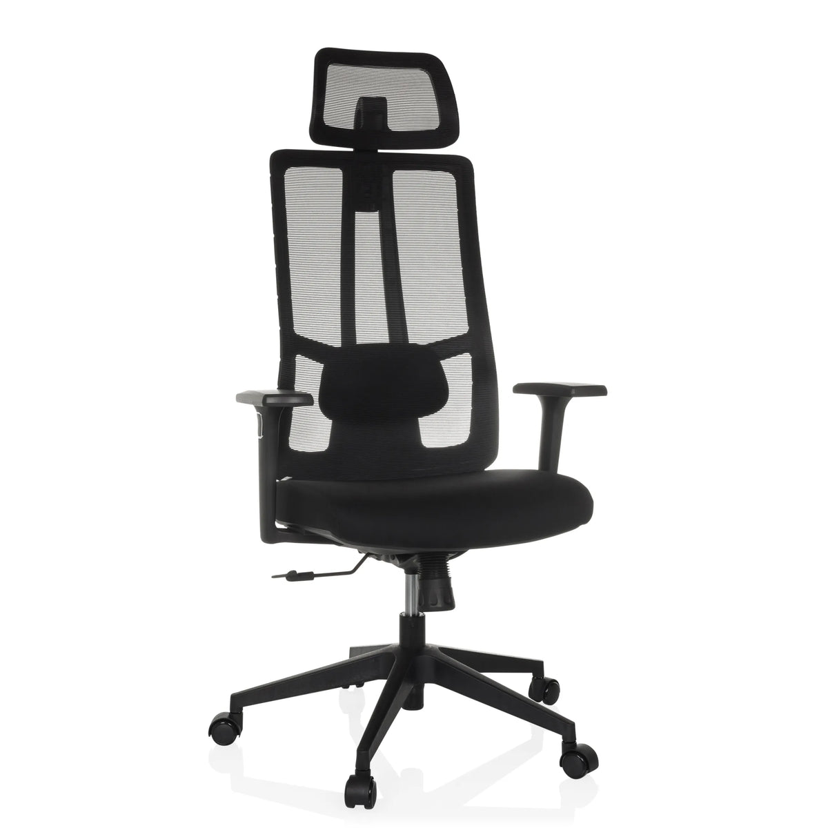 Svart Professionell kontorsstol TRAMORE med nätrygg och femstjärnig fotkorsbas med hjul från hjh OFFICE – 360-gradersvy (framifrån 15°)