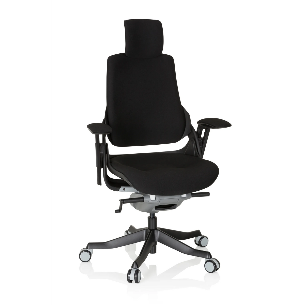 Svart Professionell kontorsstol SPEKTRE BLACK med nackstöd, armstöd och femhjulig fotkorsbas från hjh OFFICE – 360-gradersvy (framifrån 20°)