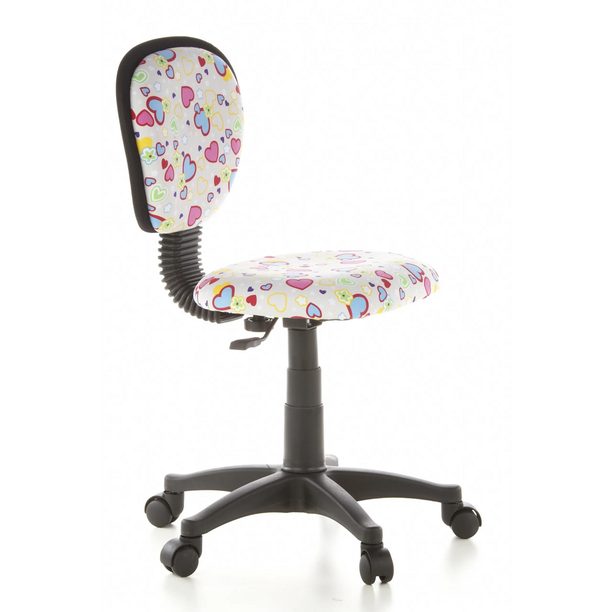 Snurrstol för barn KIDDY TOP med färgglatt hjärt- och blommönster samt femhjulig fotkorsbas från hjh OFFICE – 360-gradersvy (snett framifrån 60°)