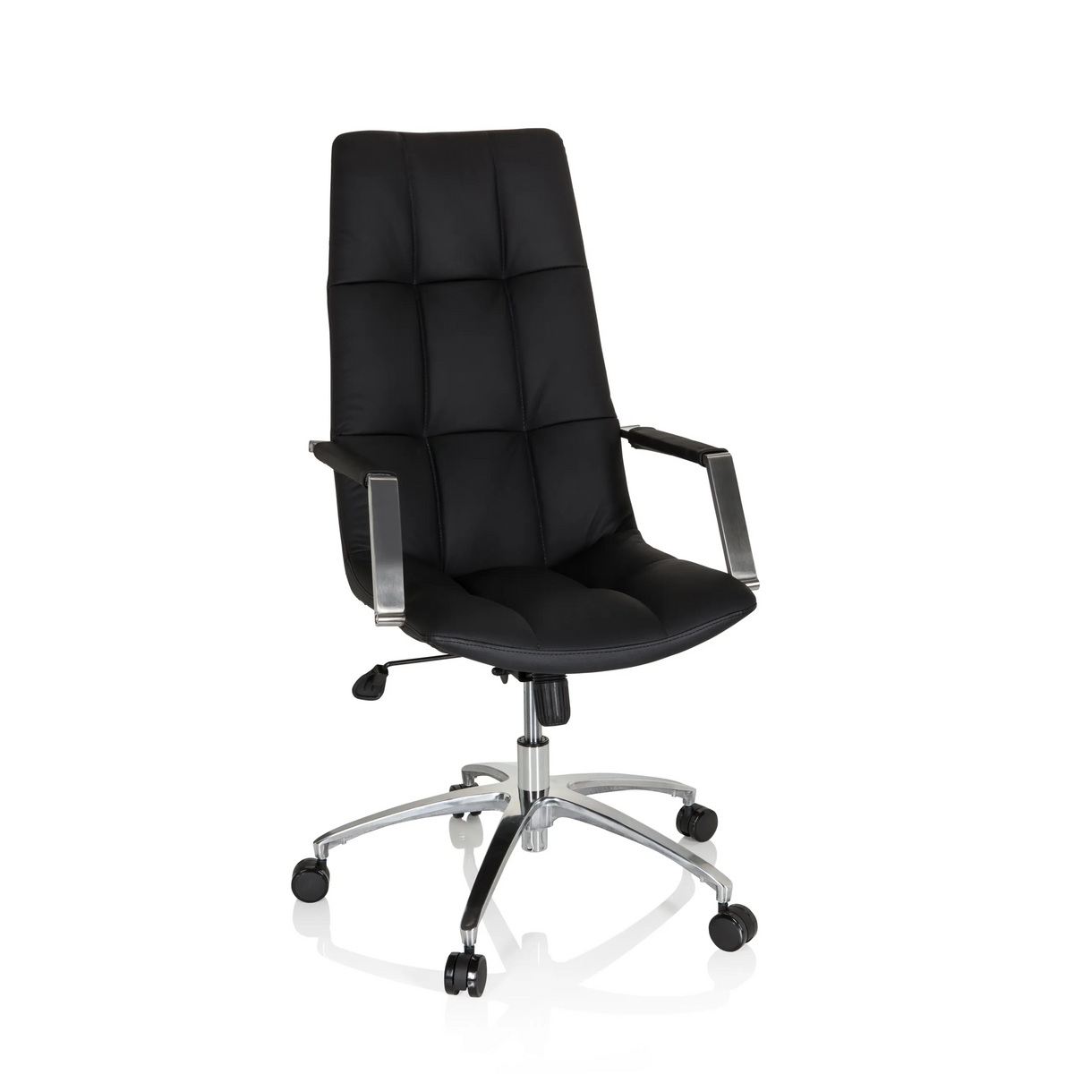 Svart Home Office chefsfåtölj SARANTO PRO i läder med blankt femstjärnigt underrede med hjul från hjh OFFICE – 360-gradersvy (framifrån 19°)