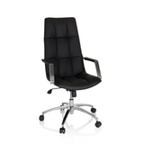 Svart Home Office chefsfåtölj SARANTO PRO i läder med blankt femstjärnigt underrede med hjul från hjh OFFICE – 360-gradersvy (framifrån 19°)
