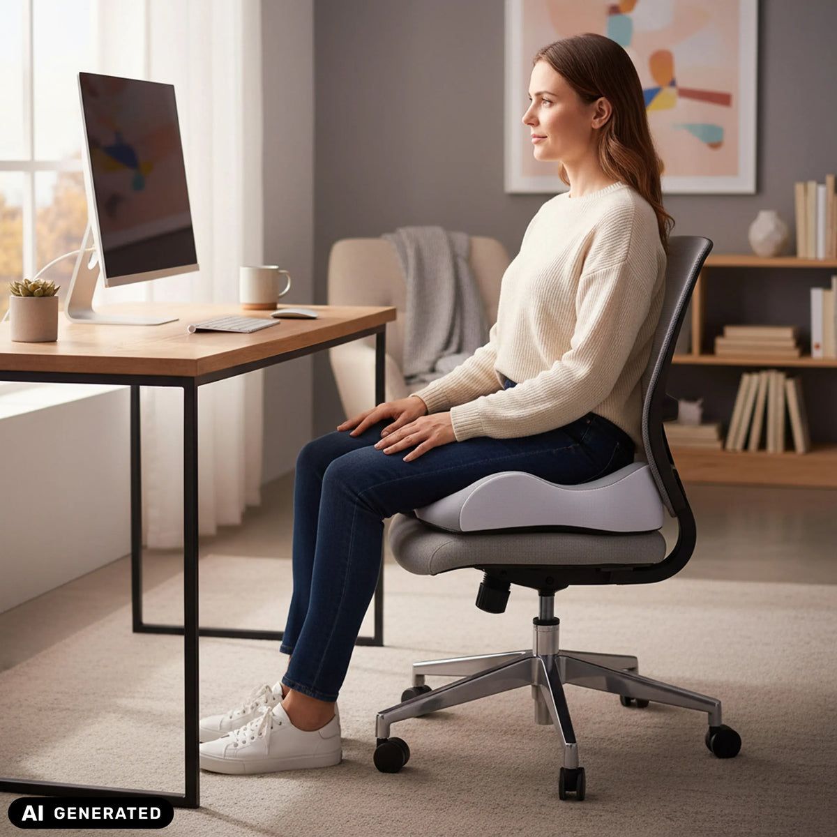 Grå MEDISIT IV sittdyna på en kontorsstol från hjh OFFICE (AI-genererad bild)