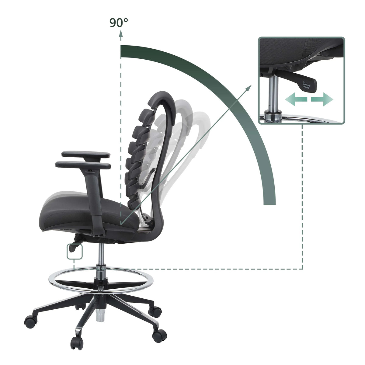 Vippmekanism med 90° justering och spak på ERGO LINE II WORK bardiskstolen från hjh OFFICE