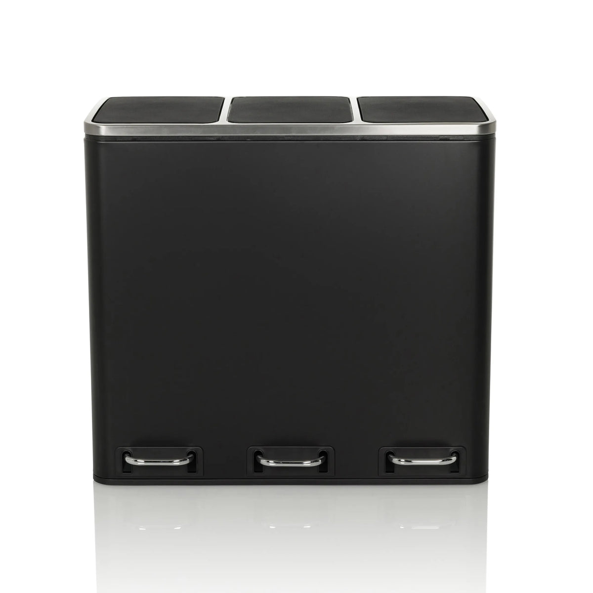 Svart papperskorg Clean 9 med tre fack, silverfärgade lock och fotpedaler från hjh OFFICE – 360-gradersvy (framifrån 0°)