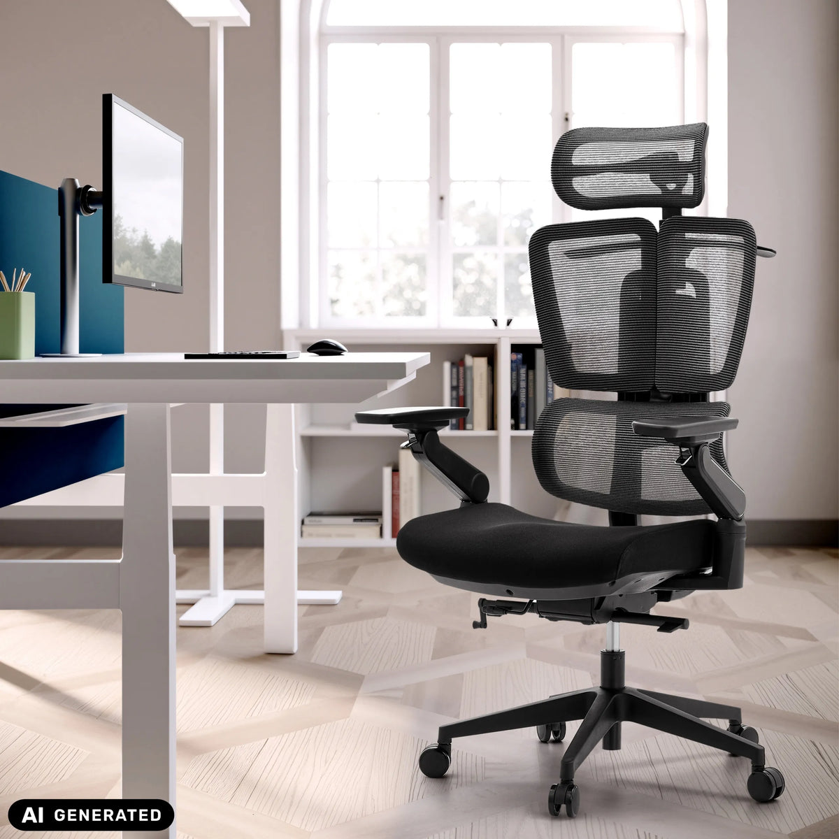 Svart professionell kontorsstol Ergo U2 Flex3 med nätryggstöd och nackstöd från hjh OFFICE (AI-genererad bild)