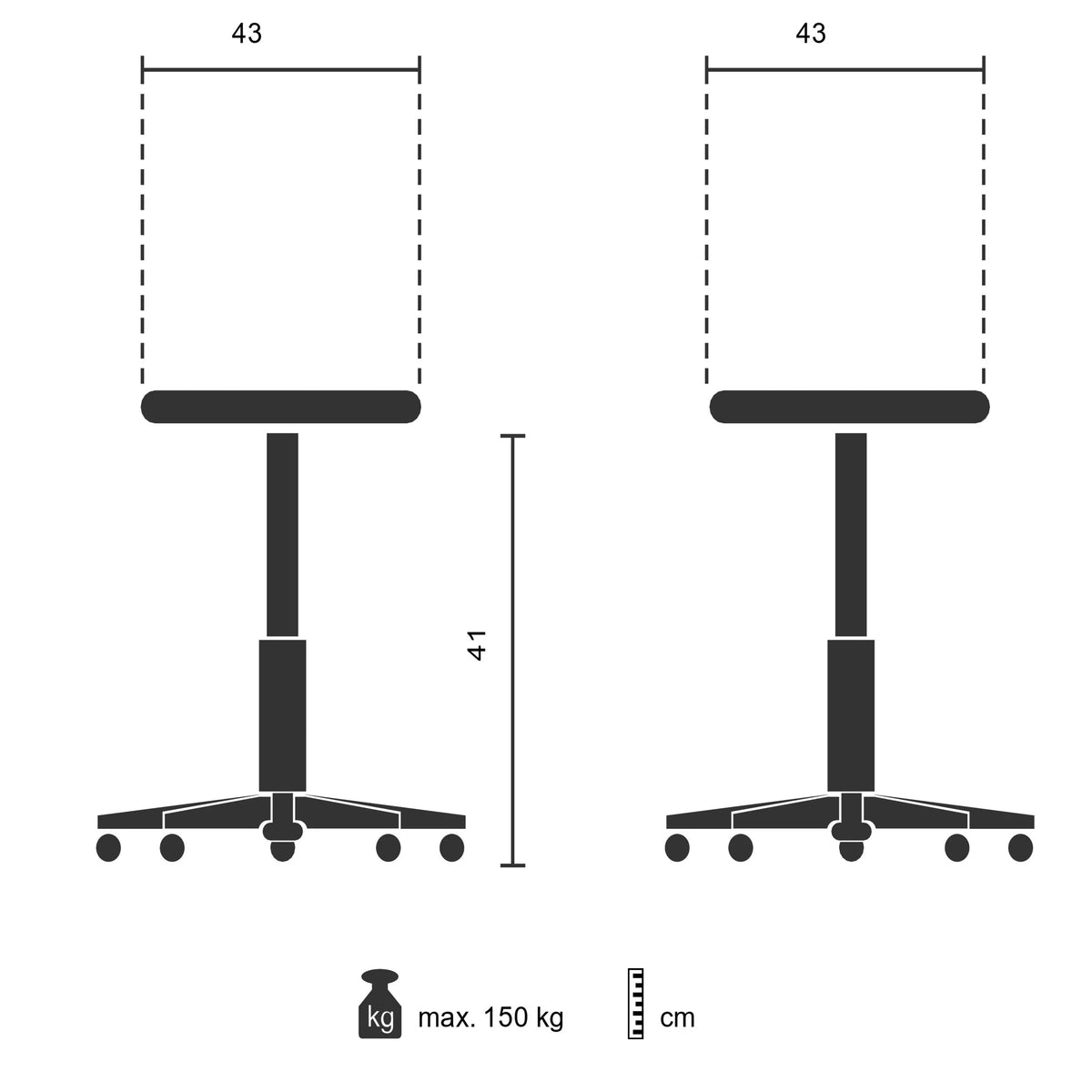 Technische Zeichnung des Tritthockers TIO-M II mit 43 × 41 cm und max. 150 kg Traglast von hjh OFFICE