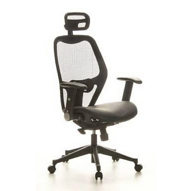 Professionell kontorsstol AIR-PORT i svart med nätrygg, lädersits och nackstöd från hjh OFFICE