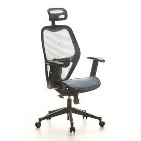 Professionell kontorsstol AIR-PORT med blått nättyg, nackstöd och armstöd från hjh OFFICE