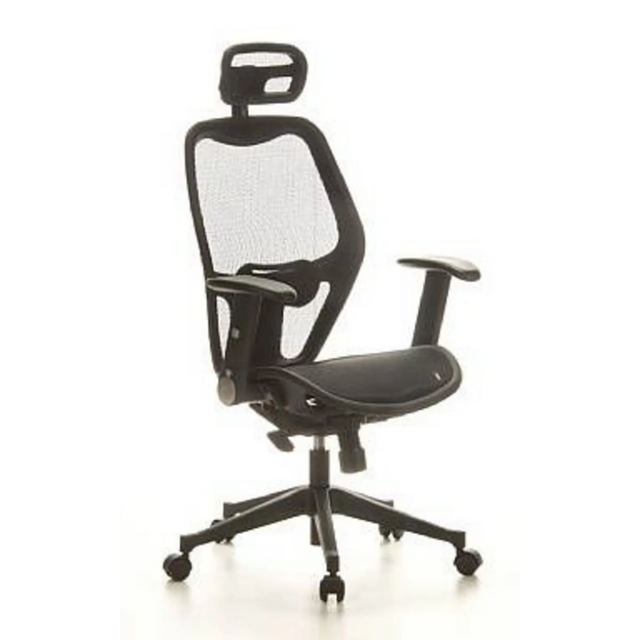 Professionell kontorsstol AIR-PORT med svart nättyg, nackstöd och armstöd från hjh OFFICE