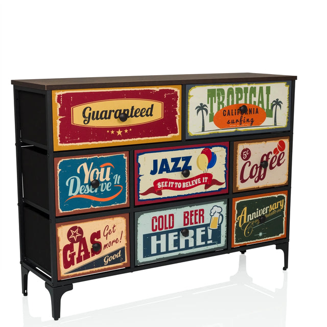 Byrå AMERIKO B med svart ram och sex färgglada motivlådor i vintage-stil från hjh LIVING