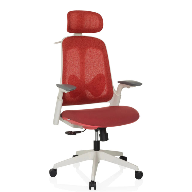 Professionell kontorsstol ARCEO WF med rött tygöverdrag, nackstöd och vit ram från hjh OFFICE