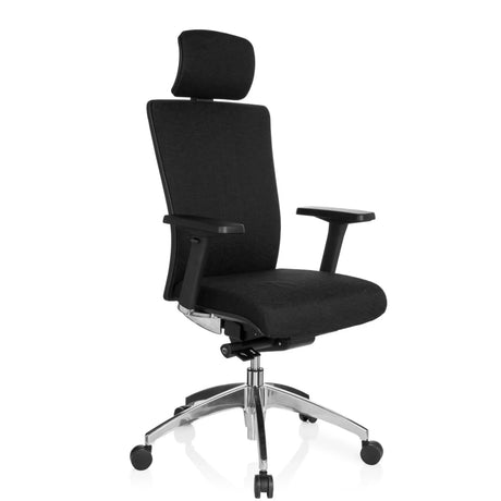 Svart Professionell kontorsstol ASTRA LUX med tygbeklädnad, nackstöd och blankt underrede från hjh OFFICE