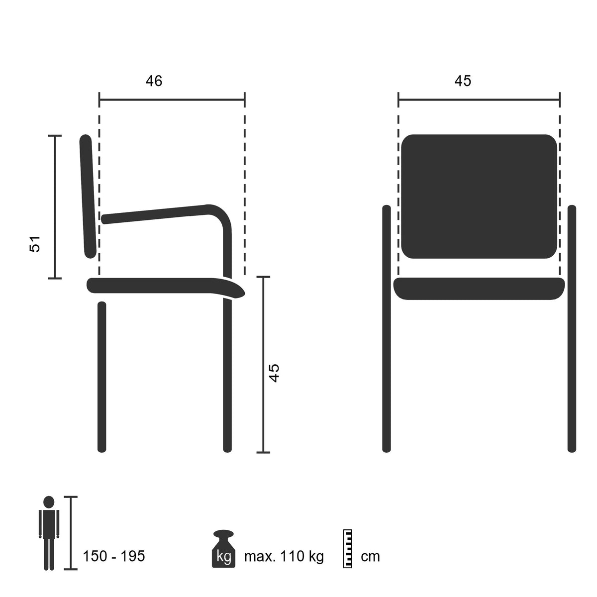 Teknisk ritning av besökarstolen STEEL V med en sitthöjd på 45 cm från hjh OFFICE