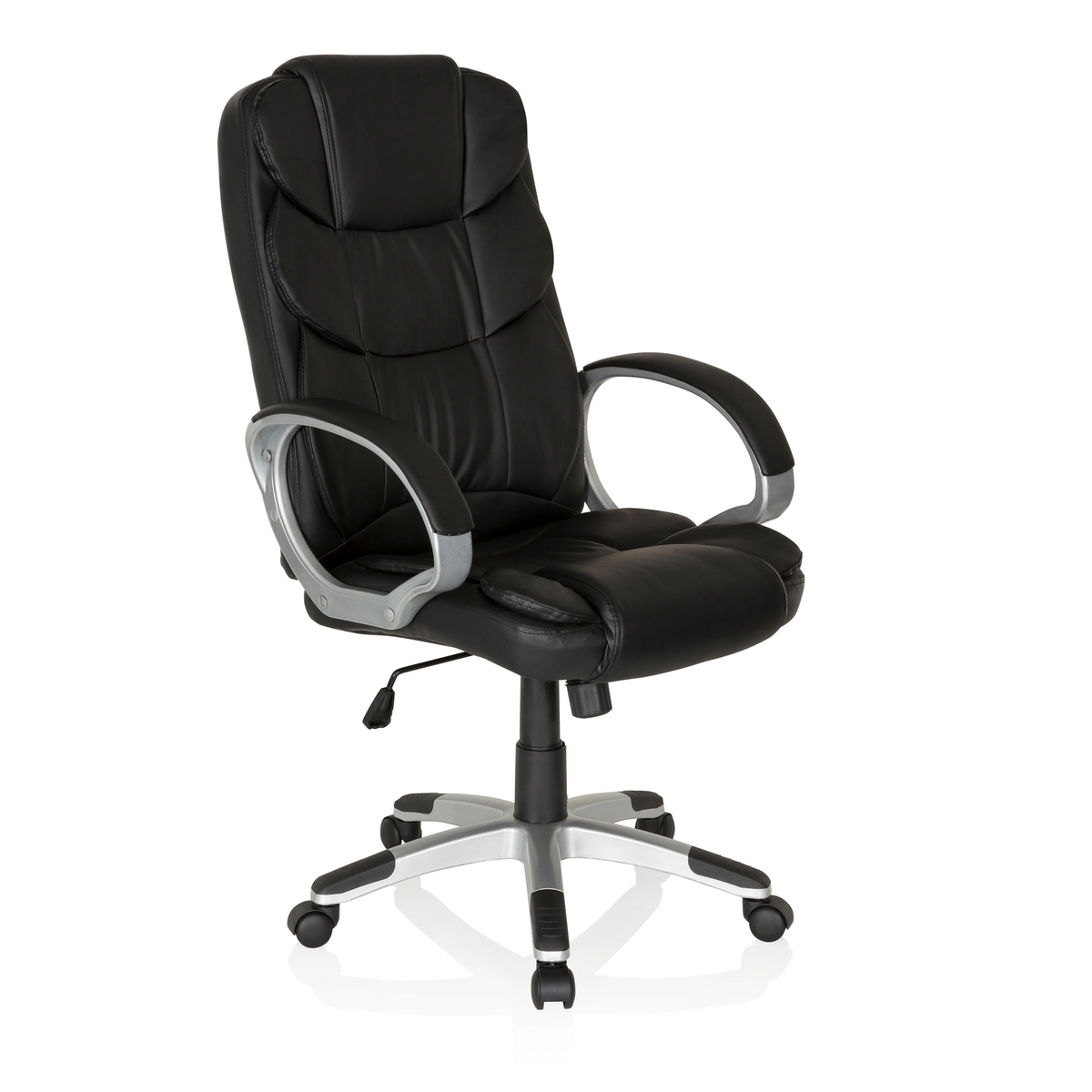 Schwarzer Homeoffice Chefsessel RELAX BY155 mit Armlehnen und Fußkreuz mit fünf Rollen von MyBuero – 360-Grad-Ansicht (schräge Frontansicht 40°)