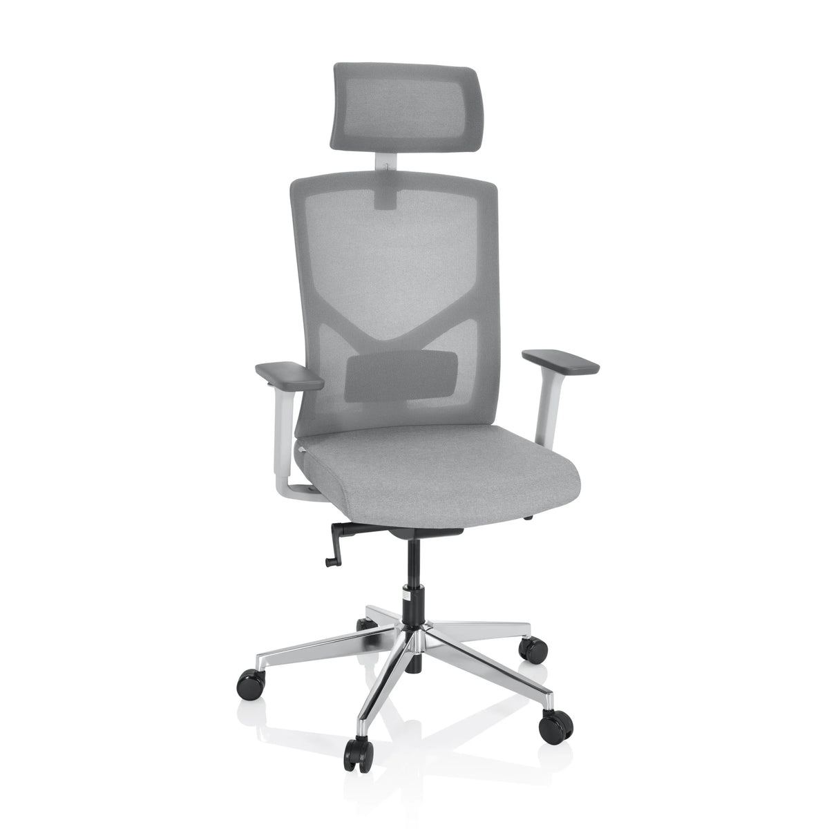 Grå professionell kontorsstol BRETON PRO W med nätrygg, nackstöd och femhjulig fotkorsbas från hjh OFFICE – 360-gradersvy (framifrån 20°)