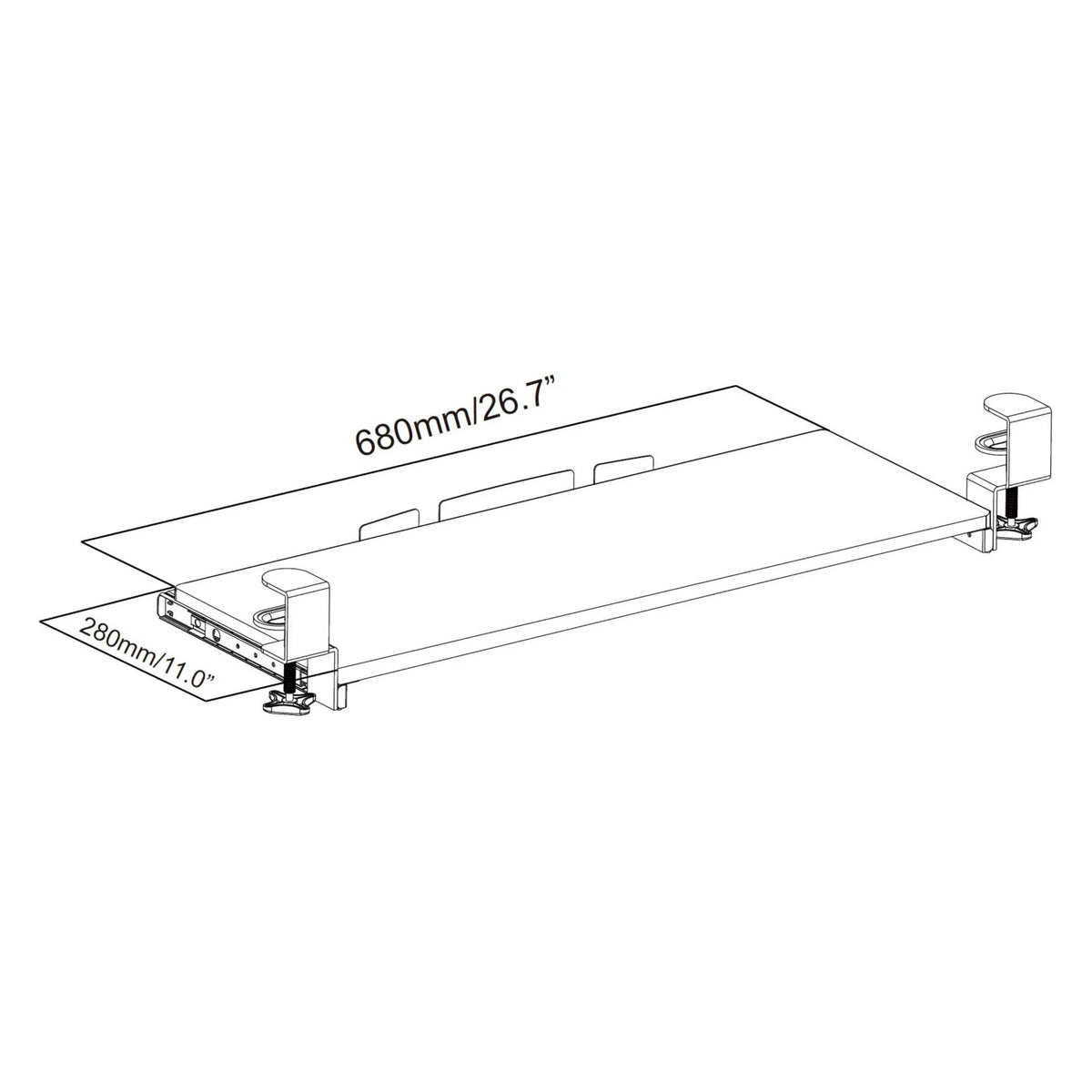 Teknisk ritning av Tangentbordsbricka VM-KB med 680 × 280 mm från hjh OFFICE