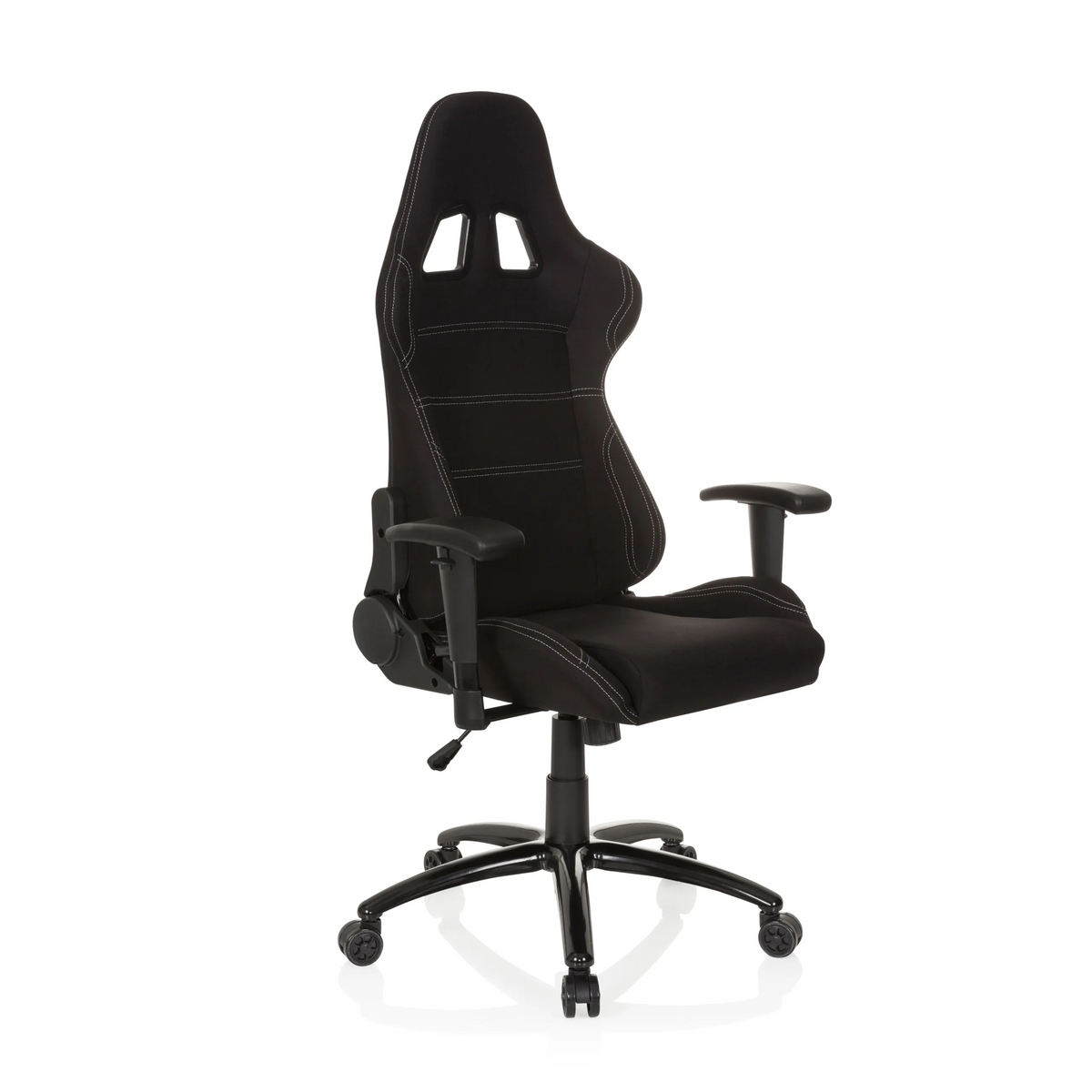 Svart Spelstol GAME FORCE med nackstöd, armstöd och femhjulig fotkorsbas från hjh OFFICE – 360-gradersvy (snett framifrån 40°)