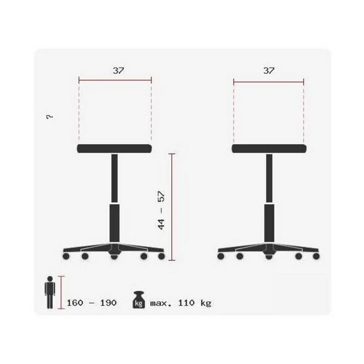 Teknisk ritning av ståstolen SITNESS BOB WHITE med en sitthöjd på 44 till 57 cm från Topstar