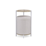 Sidobord Nestup 1 i vitt och ek med rund bordsskiva och integrerad stoppad pall från hjh LIVING – 360-gradersvy (framifrån 0°)