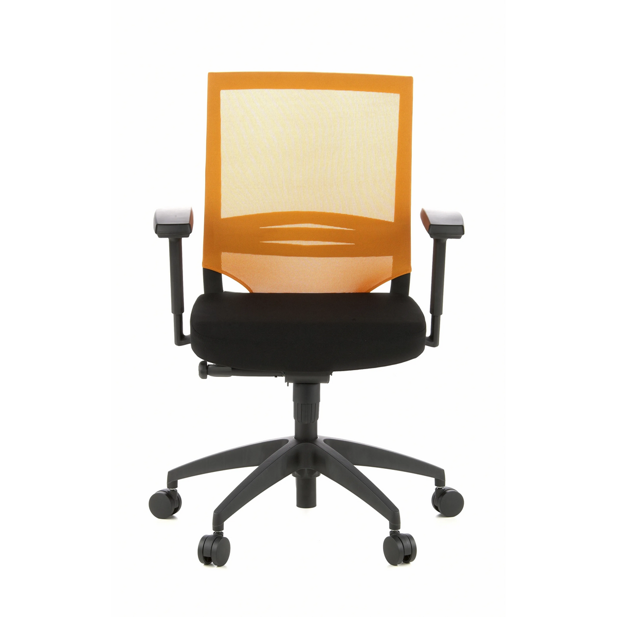 Svart-orange Professionell kontorsstol PORTO BASE med nätrygg och femhjulig fotkorsbas från hjh OFFICE – 360-gradersvy (framifrån 0°)