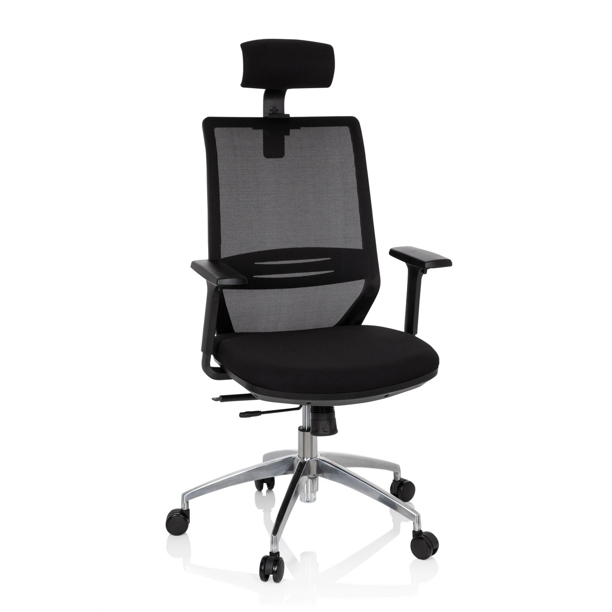 Svart Professionell kontorsstol PROFONDO PRO med nätrygg, nackstöd och femstjärnigt fotkors med hjul från hjh OFFICE – 360-gradersvy (framifrån 20°)