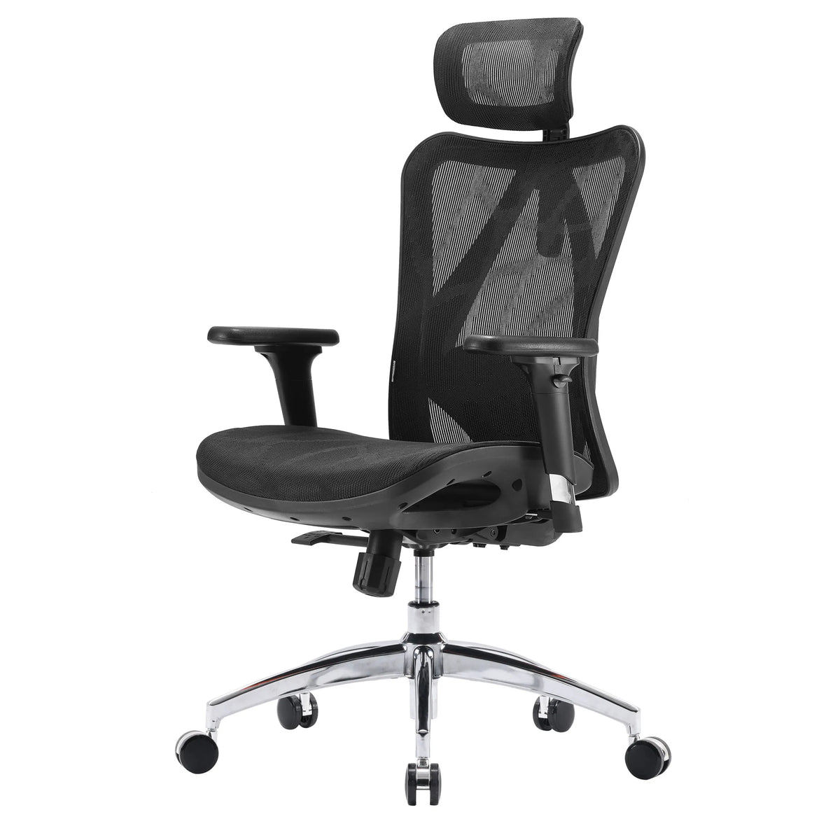 Svart Professionell kontorsstol M57-M015 med nätrygg, nackstöd och aluminiumfot från Sihoo